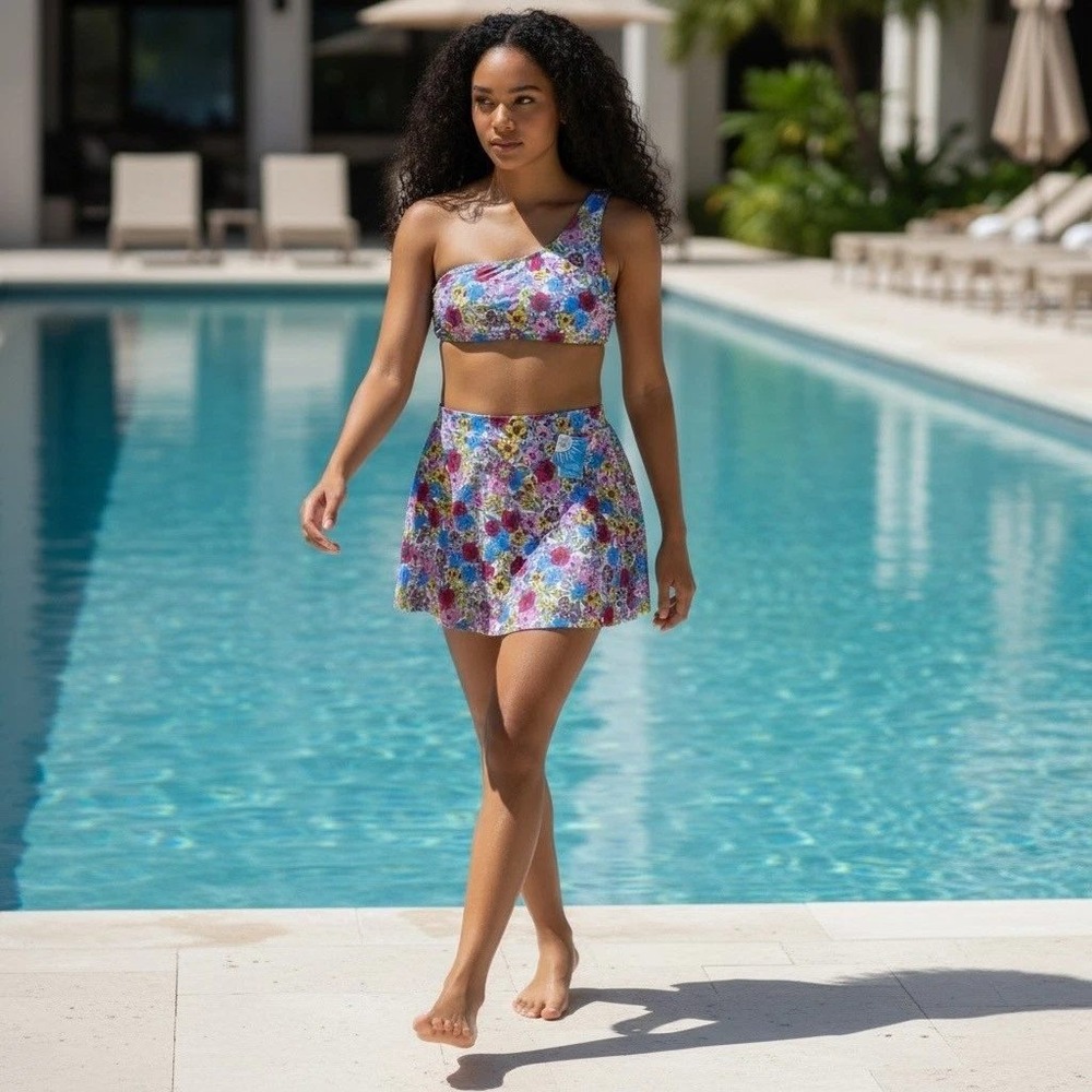 Draper James Floral One-Shoulder Bikini Top & Skirt Set in Blue, Pink, Purple